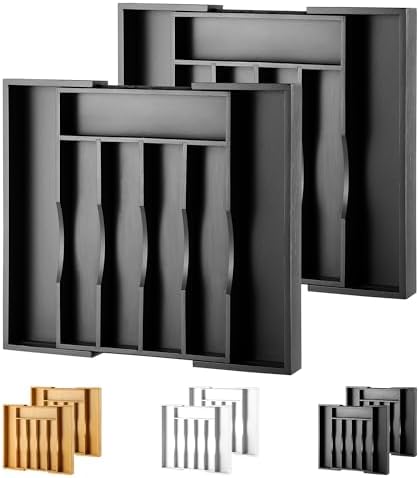 2-Piece Expandable Bamboo Kitchen Drawer Organizer for Cutlery and Utensils, Adjustable Bamboo Wood Cutlery Tray in Drawer for Flatware and Silverware in Kitchen, (Black)