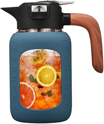 64 oz Glass Pitcher with Lid and Handle, Glass Carafe/Jug for Hot/Cold Water, Large Iced Tea Pitcher for Coffee, Juice and Homemade Beverage