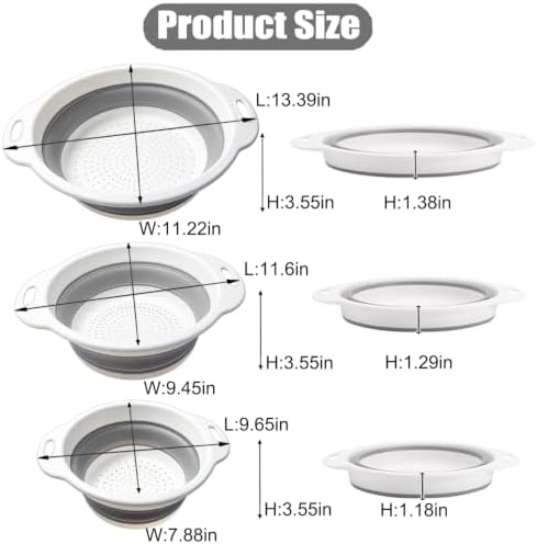 Collapsible Colanders Food Strainers, 3-Pack Foldable Kitchen Strainers with Over-Sink Water Draining Tray, Space Saving Kitchen Drainer for Vegetables, Fruit, Pasta and Rice (White-Gray)