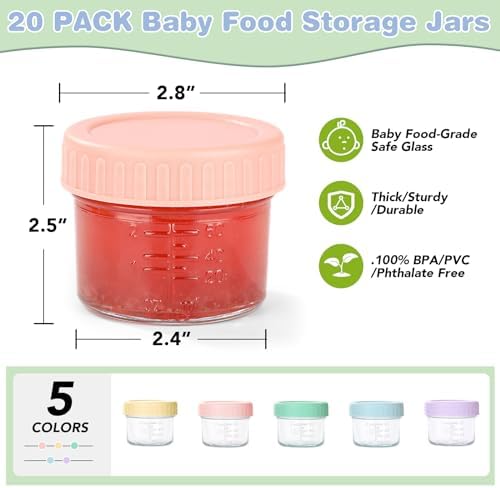 RowinsyDD 20 Pack Baby Food Containers, 4 oz Glass Baby Food Jars with Lids