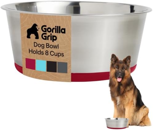 GORILLA GRIP Dog Bowl, Food Grade Stainless Steel Water Bowls, 8 Cup Red
