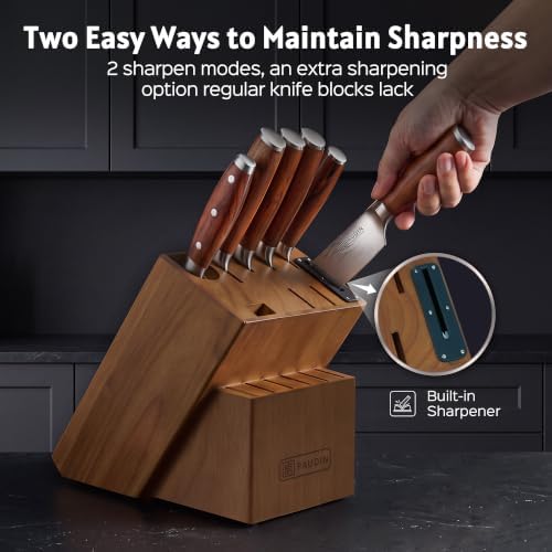 PAUDIN 16-Piece Kitchen Knife Set with Block, Built-in Sharpener, Ultra Sharp 5Cr15Mov Stainless Steel Chef Knives, Natural Wood Handles, Steak Knives, Scissors & Honing Rod, Complete Cutlery Set