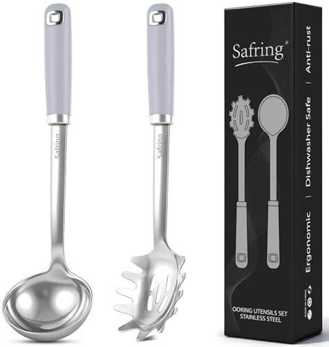 Safring Stainless Steel Soup Ladle and Spaghetti Spoon Set, Heat Resistant Rubber Handle, Dishwasher Safe, Kitchen Utensils for Cooking, Stirring, Serving Pasta, Soup & Sauce (Lavender)