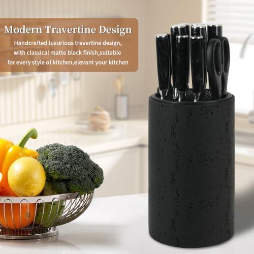 Knife Block Without Knives,Travertine Stone Look Round Universal Knife Holder with Slots for Scissors & Sharpening Rod,Safe Space Saver Knife Storage Stand,Detachable Knife Organizer - Matte Black