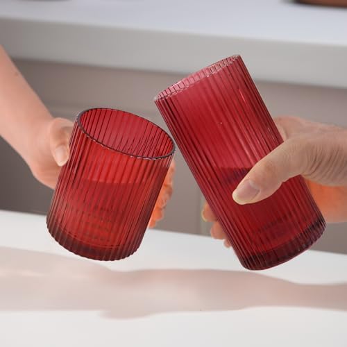Ribbed Drinking Glasses 8pcs, 12oz and 10oz Glassware, Tumbler Glasses Cup Set for Wedding, Party, Christmas Gift, Red