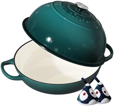 Enameled Cast Iron Bread Oven, 6QT Cast Iron Dutch Oven for Homemade Sourdough Bread Baking, Round Bread Pot with Dome Lid & Cotton Potholders, Bottle Green