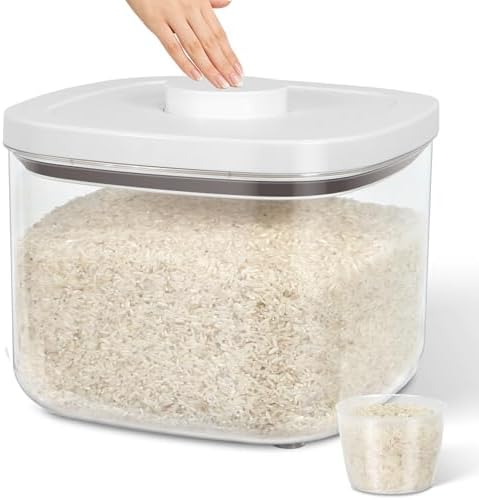 TBMax Large Airtight Food Container 5.28 Qt with Pop Up Lid & Measuring Cup, Ideal for 10 Lbs of Rice or 7 Lbs of Flour, Square Short Food Storage Bin for Kitchen Pantry and Drawer Organization