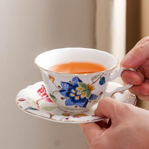 Ceramic Tea Cups Coffee Cup and Saucers Set of 4 (Blue and Red)