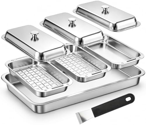 BBQ Vegetable Grill Basket Set, 4 Piece Stainless Steel Grill Pan Set with Universal Handle & lid, Dishwasher Safe, for Outdoor Cooking, Camping, Picnic, For Grilling Fish Veggies & Meats