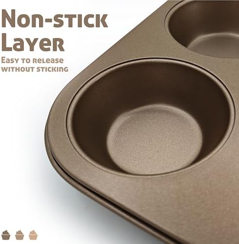 Satax Muffin Pan for Baking, Nonstick Cupcake Tin 6 Cup,sets of 2,Heavy Duty Steel Muffin Pan (Gold, 6-cup)
