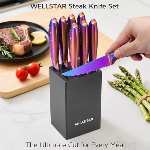 WELLSTAR Steak Knives Set of 8 with Wood Block, 4.75 Inch Rainbow Serrated Steak Knife Set, Razor Sharp German Stainless Steel with Full Tang Handle, Space Saving Steak Knife Set