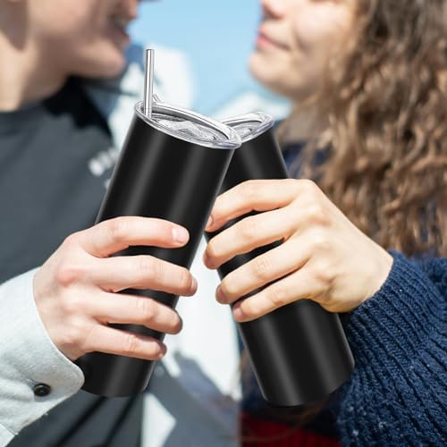 YOUKE OLA 32 Pack Stainless Steel Skinny Tumblers Straight Double Wall Insulated Tumbler Bulk with Lid and Straw for, DIY Gift, 20oz Black