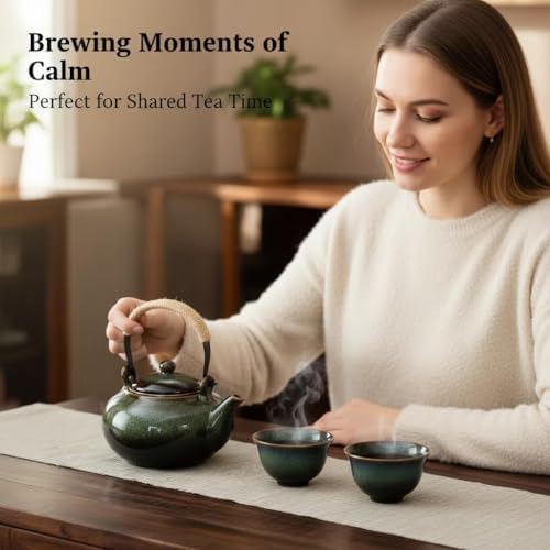 Japanese Teapot with Infuser Ceramic Tea Pot with Removable Stainless Steel Filter for Loose Tea 25 OZ/750ml for Office Home Men Women as Gift Green