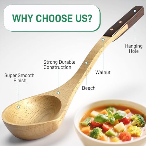 Wooden Soup Ladle, Beech & Walnut Handle Kitchen Utensil for Serving