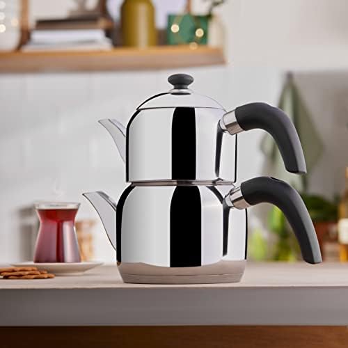 Karaca Edge Stainless Steel Turkish Small Teapot Set, Stackable Tea Maker, Teapot 0.85L, Tea Kettle 1.25L, Induction Compatible, Durable Metal Body, Silver & Black