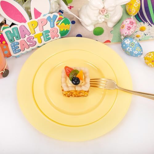 FLOWERCAT 60PCS Yellow Plates - Heavy Duty Yellow Plastic Plates Disposable 10.25inch & 7.5inch for Birthday Party/Wedding/Spring - Serve for 30 guests