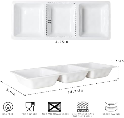 Divided Serving Tray, 14.75”x 6” Reusable 3-Section Party Platters, Condiment Serving Dishes for Entertaining, Ideal for Snacks, Appetizers, Fruit, Candy, Chip & Dip Set,White