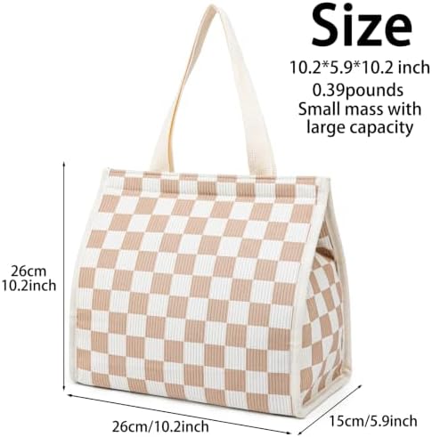 Insulated Lunch Bag for Work, 10.2"x5.9"x10.2" Oxford Waterproof Lunch Tote, Thermal Lunch Box for Office, Picnic & Outdoor, Striped Canvas Tote Bag -Check Brown