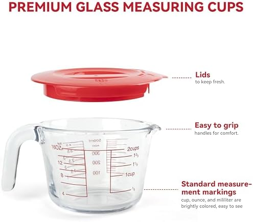 6 Pcs Glass Measuring Cups, 1-Cup (No Lid), 2-Cup/4-Cup with Lids