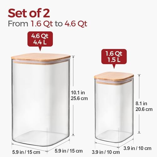 Glass Flour Containers with Bamboo Lids 1.6/4.6 Qt 2 Pack