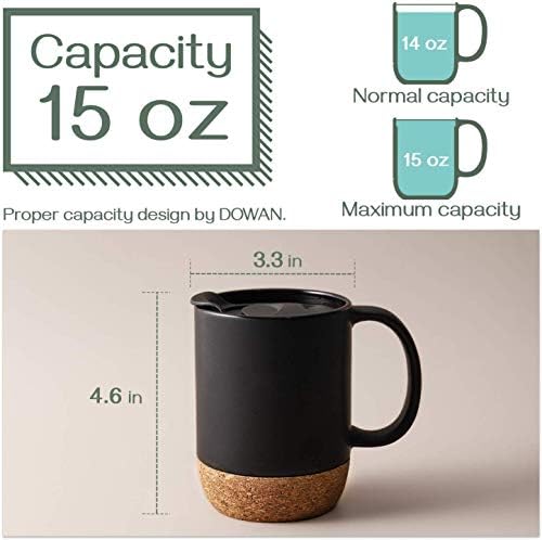 DOWAN Coffee Mugs Set of 2, 15 OZ Coffee Cup with Cork Bottom and Splash Proof Lid, Ceramic Mug Set with Large Handle for Men, Women, for Coffee Tea Latte, Matte Black