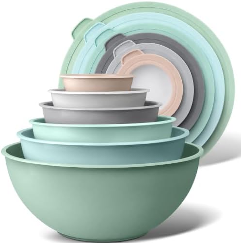 Zulay Kitchen 12 Piece Plastic Nesting Mixing Bowl Set - Colorful Bowls with Lids - Microwave and Freezer Safe (Mint Ombre)
