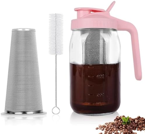 Cold Brew Coffee Maker, 32 oz Mason Jar Pitcher with Stainless Steel Filter, Pour Spout Handle Lid, Heavy Duty Glass Airtight & Leak-Proof for Iced Coffee,Tea & Lemonade