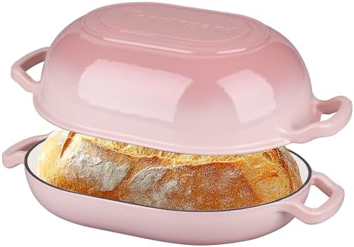 VORRINGARD Enameled Cast Iron Sourdough Bread Oven, Dutch Oven, Loaf Cast Iron Bread Pan for Homemade Bread Baking, Meatloaf Pan with Lid, 7QT, Pink