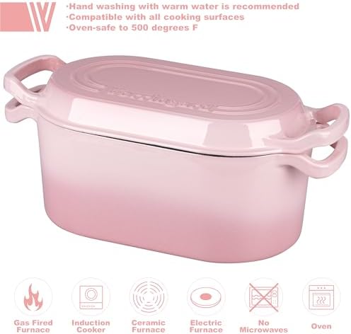 VORRINGARD Oval Dutch Oven Pot with Lid, Enamel Coating Cast Iron Bread Pans for Homemade Sourdough Bread Baking, Cooking, 4 Quart, Pink
