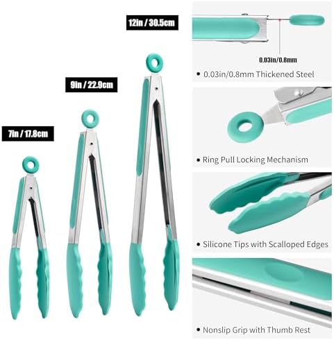 Doosu Kitchen Tongs with Silicone Tips for Cooking Serving (3Pcs, Aqua Sky)