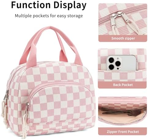 Lunch Bag Women Lunch Box for Women Adult Cute Insulated Lunch Bag Small Cooler Lunch Tote Bags for Work Picnic School (Beige-Pink Plaid)