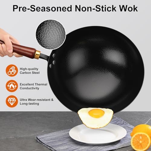 Carbon Steel Wok Pan, 13.4-Inch Nonstick Pre-Seasoned Woks & Stir-Fry Pans with Glass Lid, No Chemical Coated Wok Round Bottom Hand Hammered Chinese Wok for Gas Stoves