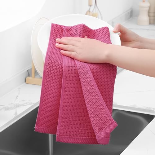 Homaxy 100% Cotton Waffle Weave Kitchen Dish Towels 4-Pack, Hot Pink