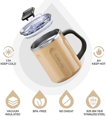 Ideus 16 oz Insulated Coffee Mug with Lid and Handle (Golden, FUJI FLOW)