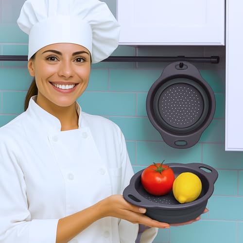 Small Food Strainer for Kitchen - Black Silicone Colander with Handle for Spaghetti and Pasta Multifunctional Colander for Camping