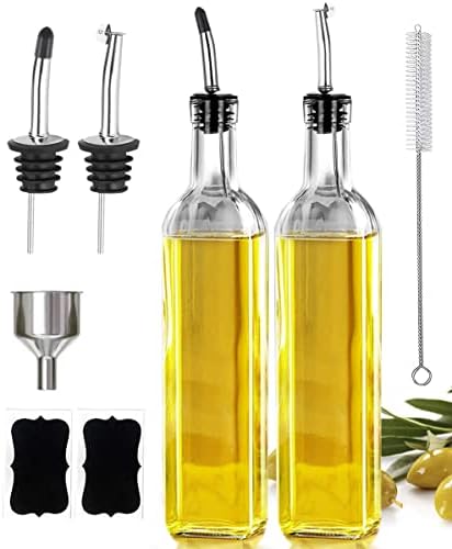 Leaflai Olive Oil Dispenser Bottle, 2 Pcs Glass Olive Oil Dispenser and Vinegar Dispenser Set with 2 Stainless Steel Pourers, 4 Labels,1 Brush and 1 Funnel Oil Bottles for Kitchen (500ml)