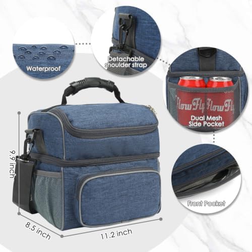 FlowFly Double Layer Cooler Insulated Lunch Bag Adult Lunch Box Large Tote Bag for Men, Women, With Adjustable Strap,Front Pocket and Dual Large Mesh Side Pockets