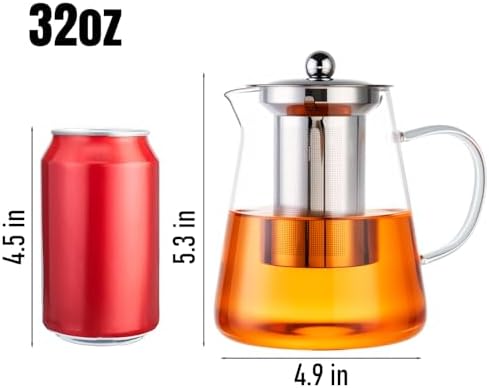 Baalaka Tea Infuser Pot, 32 oz Clear Borosilicate Glass Kettle, Stovetop