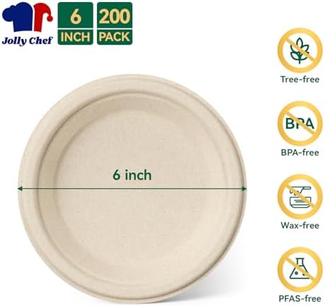 JOLLY CHEF 100% Compostable Small Paper Plates, 200 Pack 6 Inch Heavy Duty Dessert Plates, Disposable Biodegradable Eco-Friendly Sugarcane, Bulk Nature