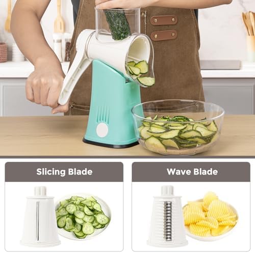 X Home 5‑in‑1 Rotary Cheese Grater for Kitchen, Blue | Upgraded Hand Crank; Stronger Suction Base, Multifunctional Drum Blades; for Cheese, Vegetables, Nuts; Easy to Use and Clean