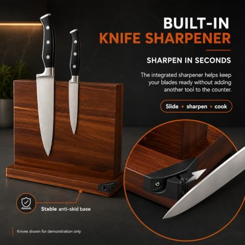 Magnetic Knife Block, Acacia Wood Magnetic Knife Holder for Kitchen Counter Universal Knife Block Without Knives (12 x 10 With Sharpener)