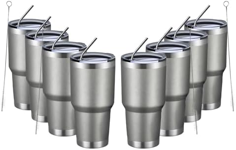 MEWAY 30oz Insulated Tumbler With Lids and Straws,Stainless Steel Double Vacuum Coffee Tumbler Cup, Brush, Durable Powder Coated Coffee Cup for Cold & Hot Drinks(Cold Grey,8 PACK)