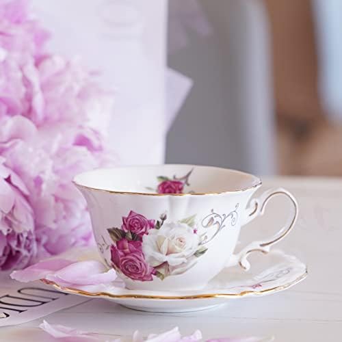 Ceramic Tea Cups Coffee Cup and Saucers Set of 4 (Rose)