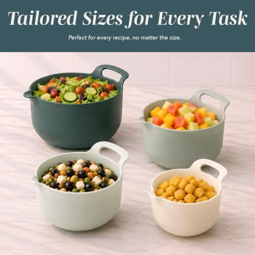 COOK WITH COLOR Nesting Plastic Mixing Bowl Set with Pour Spouts and Handles, Green, 4 Piece Non-Slip