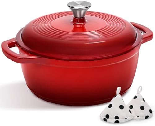 Enameled Cast Iron Dutch Oven Pot With Lid - AIVIKI 5QT Dutch Oven for Bread Baking With Cotton Potholders - Heavy-Duty Cookware for Braising, Stew, Roasting, Oven Safe up to 500°F, Red