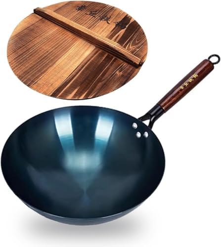 13-Inch Carbon Steel Wok, Round Bottom Traditional Chinese Wok with Wooden Handle and Wooden Lid, Uncoated Non-Stick Wok for Gas Stoves, Home Cooking, Camping, and as a Gift