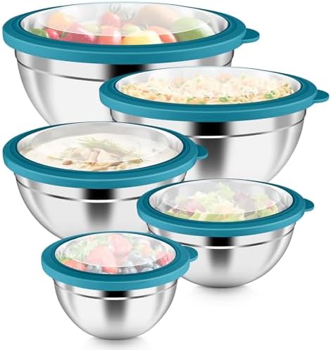 P&P CHEF Metal Mixing Bowls with Lids Set, Visible Airtight Lids & Blue