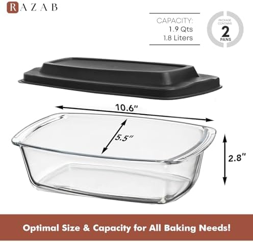 Razab (2 Pack 1800ml / 1.9 Qt Glass Loaf Pans with Lids for Homemade Bread