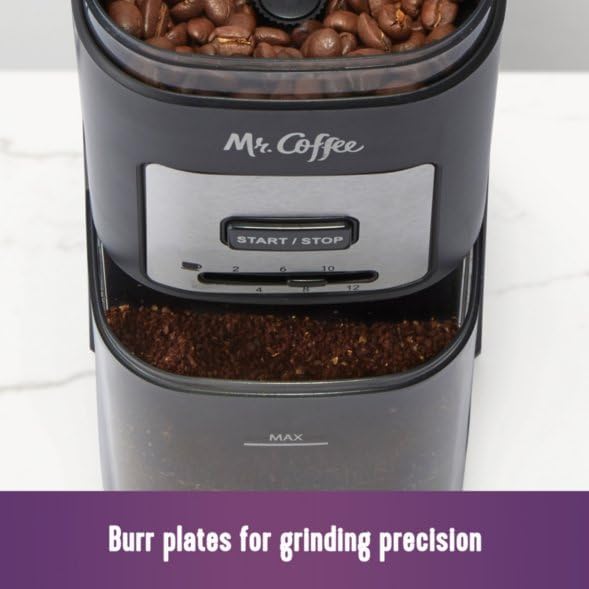 Mr. Coffee Automatic 12 Cup Burr Mill Coffee Grinder with 12 Custom Grinders, Black / Stainless Trim