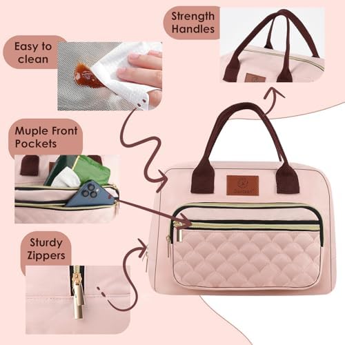 Genteen Lunch Bag Lunch box for Women Men Insulated Tote LunchBox for Adult Women Men Reusable Lunch Box with Front Pocket for Work, Picnic or Travel-18 Cans/14 Liters -BLACK/PINK
